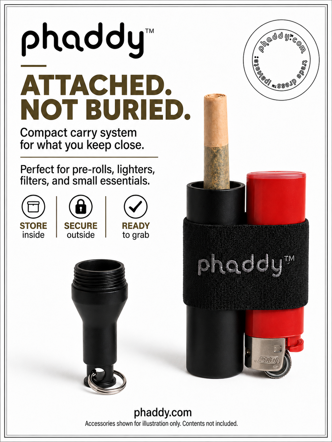 phaddy compact carry system showing its storage barrel, threaded keyring cap, exterior band, pre-roll, and lighter